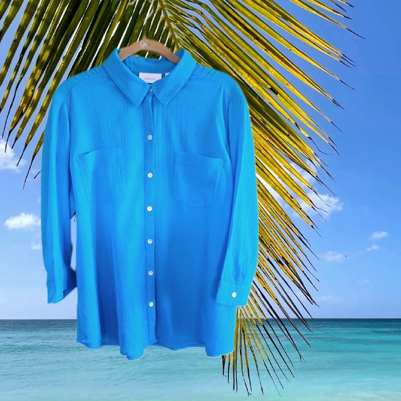 Lovely CHICO'S 100% Cotton Button Front Blouse Turquoise Chico's Size 2 (12/14) - Picture 1 of 4